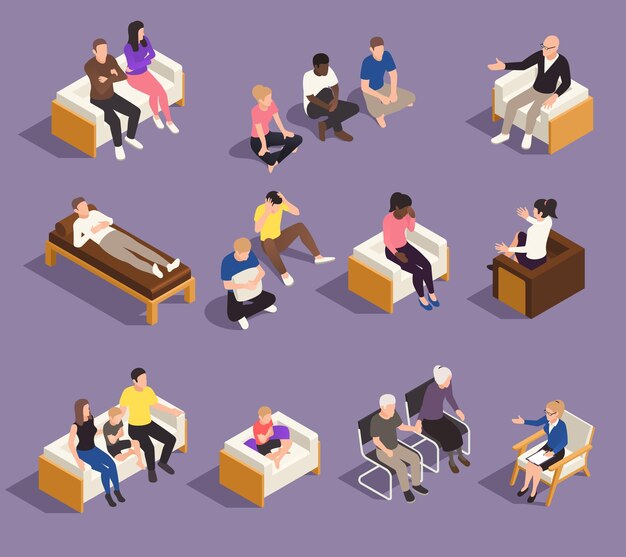 Psicología psicoterapia matrimonio individual y sesiones de terapia familiar conjunto isométrico con consejeros que ayudan a los clientes ilustración vectorial