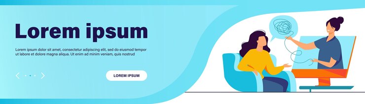 Vector gratuito psicólogo consultor mujer en línea. médico y paciente discutiendo la cuerda enredada mental, usando la computadora para hablar a distancia. ilustración de vector de asesoramiento, terapia, psicología, concepto de apoyo