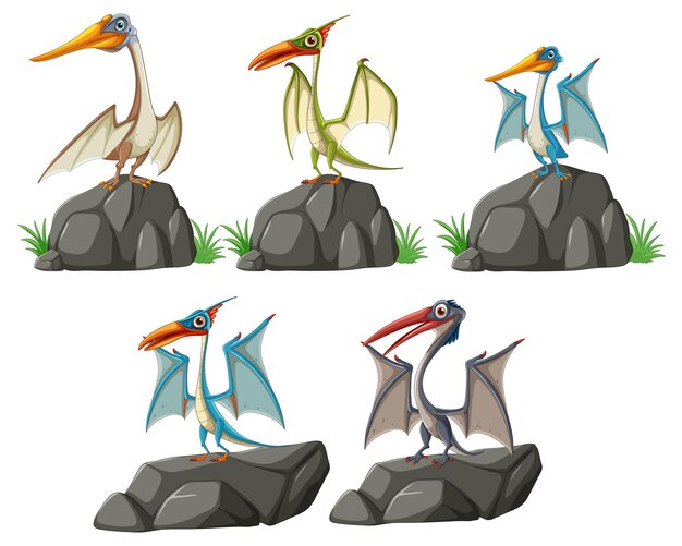 Pterodáctilos de dibujos animados de colores en las rocas
