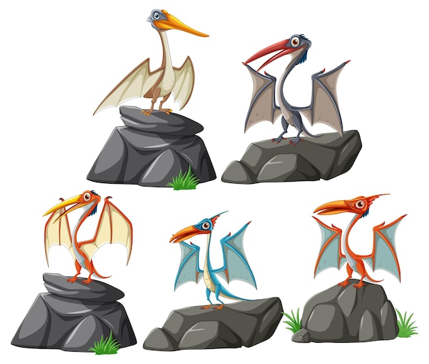Pterodáctilos de dibujos animados de colores en las rocas
