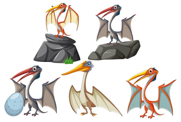Pterodáctilos de dibujos animados en varias poses