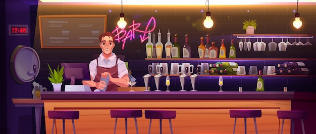 Pub o barra de bar vector ilustración fondo club nocturno restaurante interior con taburete alcohol cóctel y barista hombre bomba de cerveza cerca de letrero de neón y camarero masculino fiesta en club nocturno