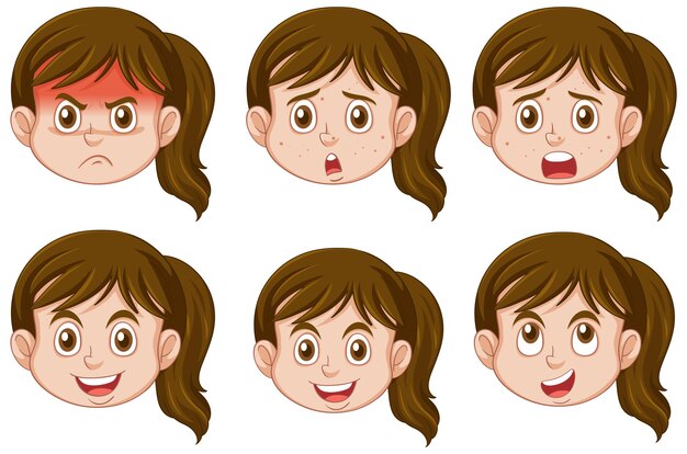 Pubertad niña colección de diferentes expresiones faciales.