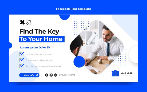 Publicación de facebook de bienes raíces geométricas abstractas de diseño plano