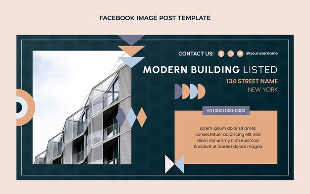 Publicación de facebook de bienes raíces geométricas abstractas de diseño plano