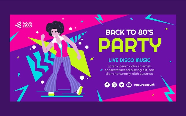 Publicación de facebook de celebración de fiesta de los 80 de diseño plano