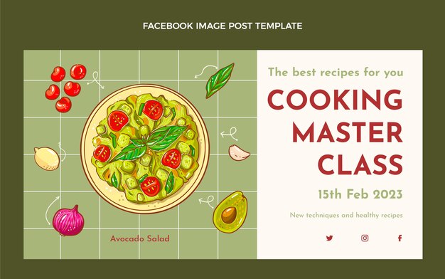 Publicación de facebook de clase magistral de cocina dibujada a mano
