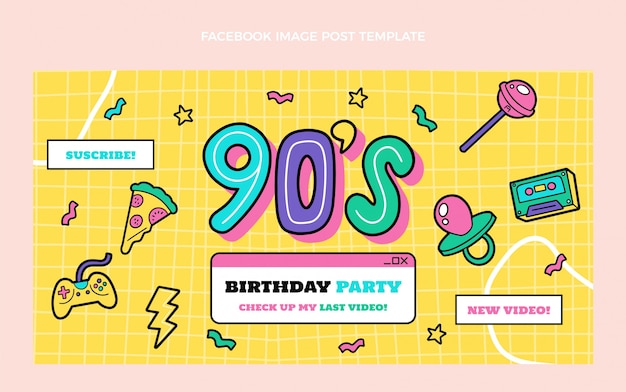 Vector gratuito publicación de facebook de cumpleaños de los 90 dibujada a mano