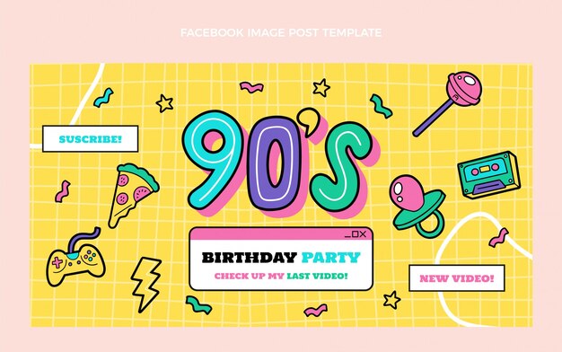 Publicación de facebook de cumpleaños de los 90 dibujada a mano
