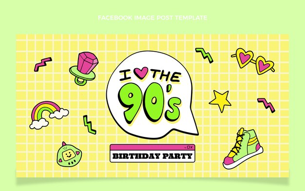 Publicación de facebook de cumpleaños de los 90 dibujada a mano