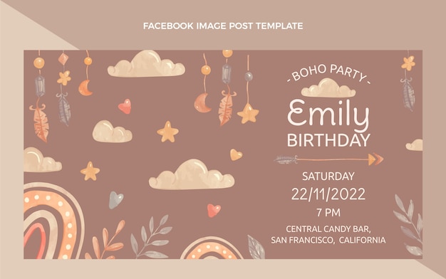 Publicación de facebook de cumpleaños boho acuarela