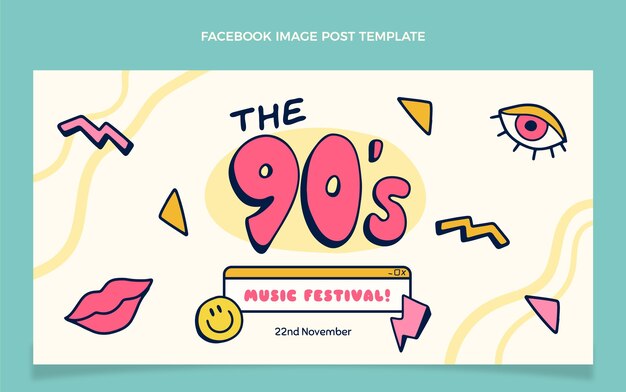 Vector gratuito publicación de facebook del festival de música de los 90 dibujada a mano