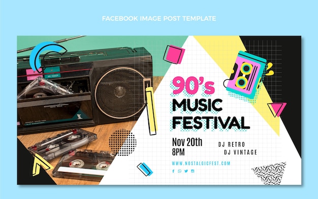 Publicación de facebook del festival de música de los 90 de diseño plano