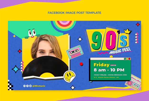 Publicación de facebook del festival de música de los 90 de diseño plano