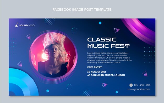 Publicación de facebook del festival de música colorido degradado