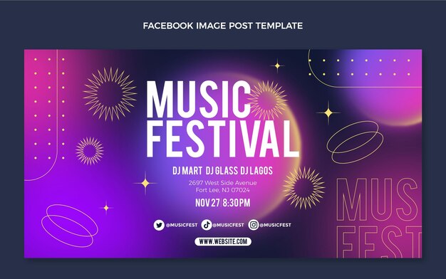 Publicación de facebook del festival de música colorido degradado