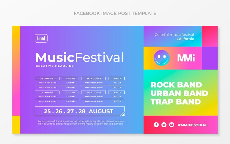 Vector gratuito publicación de facebook del festival de música colorido degradado