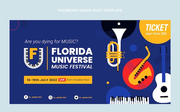 Publicación de facebook del festival de música minimalista de diseño plano