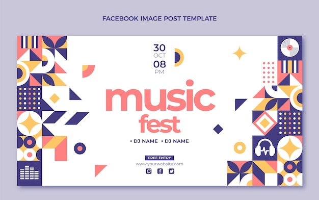 Publicación de facebook del festival de música de mosaico de diseño plano