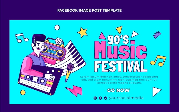 Vector gratuito publicación de facebook del festival de música nostálgica de los 90 dibujados a mano