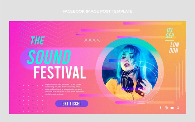 Vector gratuito publicación de facebook del festival de música de textura degradada