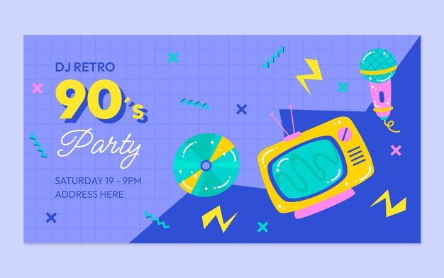 Publicación de facebook de fiesta de los 90 dibujada a mano con ilustración de tv