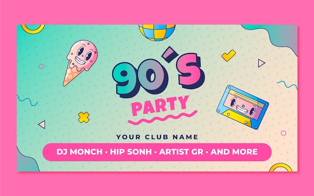 Publicación de facebook de la fiesta de los 90 de dibujos animados degradados