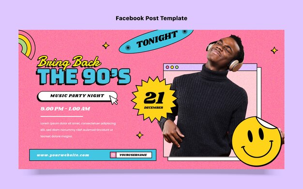 Publicación de facebook de fiesta de los 90 de diseño plano dibujado a mano