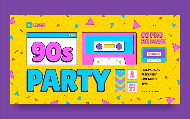 Publicación de facebook de fiesta de los 90 de diseño plano