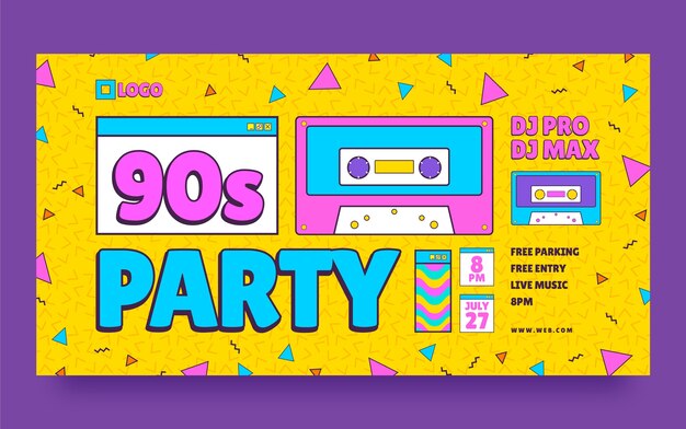 Publicación de facebook de fiesta de los 90 de diseño plano