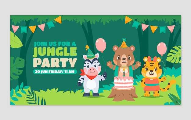 Publicación de facebook de fiesta de cumpleaños de animales de diseño plano