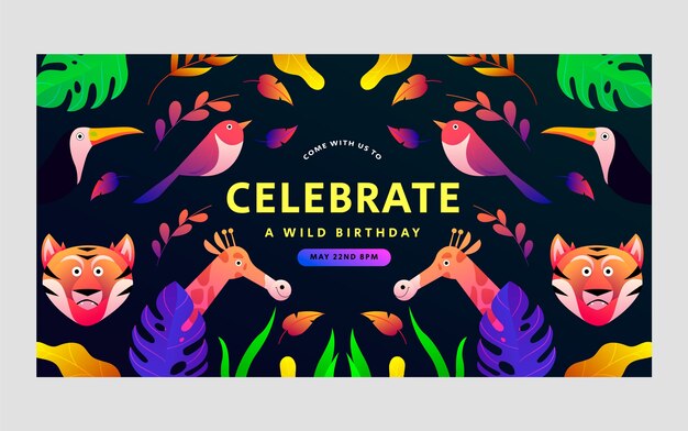 Publicación de facebook de la fiesta de cumpleaños de la jungla de dibujos animados degradados