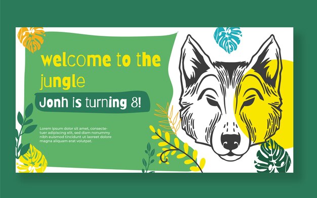 Publicación de facebook de la fiesta de cumpleaños de la selva de dibujos animados dibujados a mano