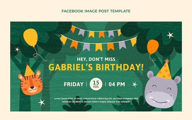 Vector gratuito publicación de facebook de fiesta de cumpleaños de selva de textura dibujada a mano
