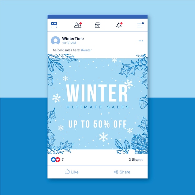 Vector gratuito publicación de facebook de invierno con copos de nieve