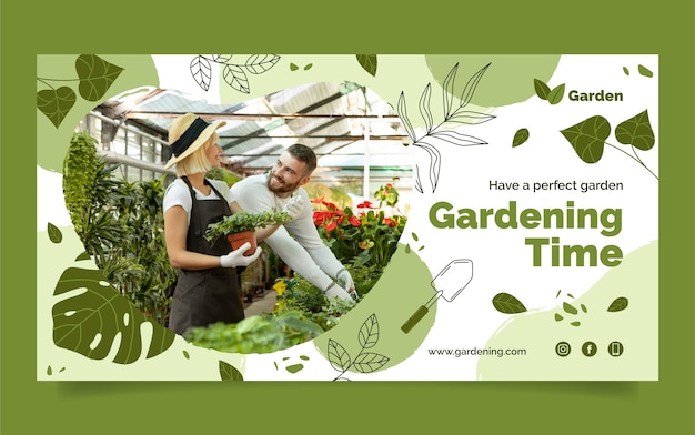 Publicación de facebook de jardinería dibujada a mano con hojas