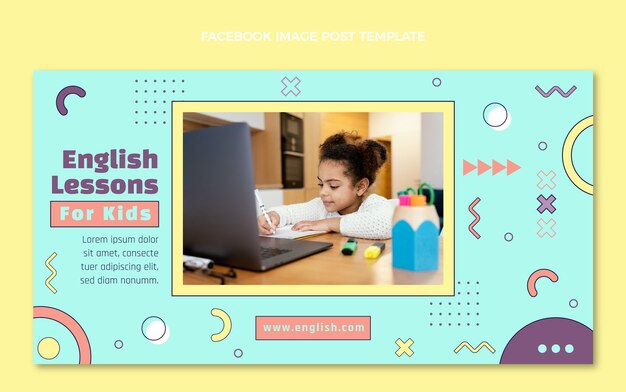 Publicación de facebook de lecciones de inglés de diseño plano para niños
