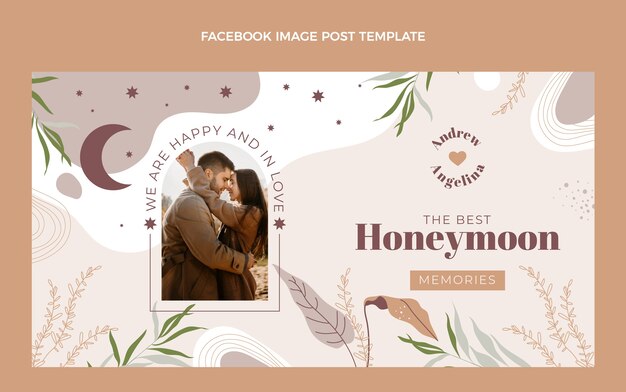 Publicación de facebook de luna de miel boho dibujada a mano