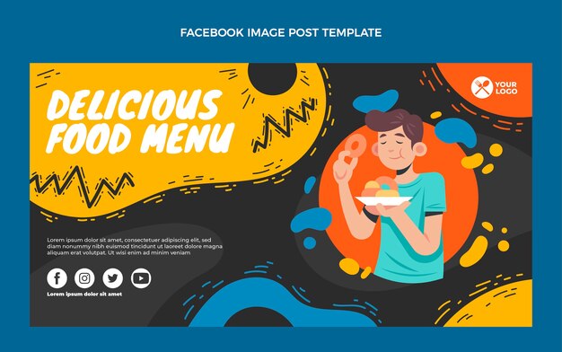 Publicación de facebook de menú de comida deliciosa de diseño plano