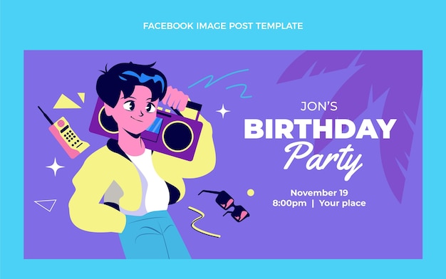 Vector gratuito publicación de facebook nostálgica de cumpleaños de diseño plano de los 90