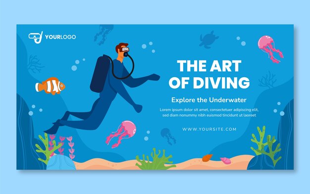 Publicación de facebook plana dibujada a mano de buceo