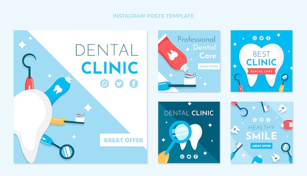 Publicación de instagram de clínica dental de diseño plano dibujado a mano