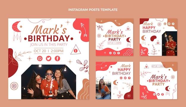 Vector gratuito publicación de instagram de cumpleaños boho dibujada a mano