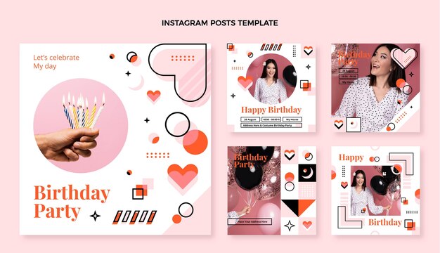Publicación de instagram de cumpleaños de mosaico de diseño plano