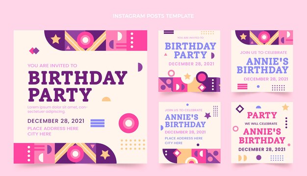Publicación de instagram de cumpleaños de mosaico de diseño plano