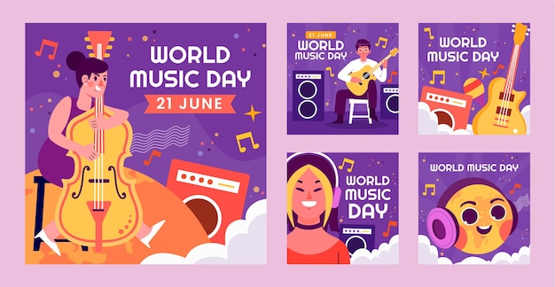 Vector gratuito publicación de instagram del día mundial de la música dibujada a mano