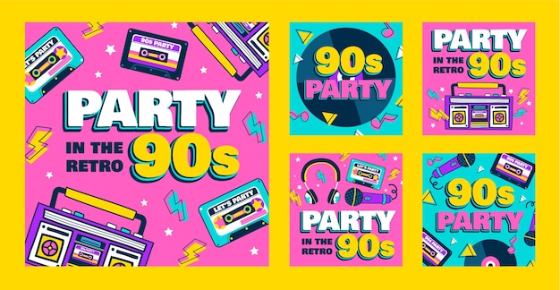 Vector gratuito publicación de instagram de fiesta de los 90 colorida de diseño plano