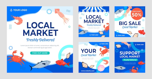 Vector gratuito publicación de instagram de mercado local de diseño plano