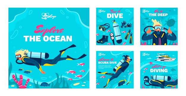 Vector gratuito publicación de instagram plana dibujada a mano de buceo