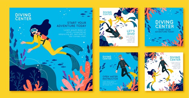 Publicación de instagram plana dibujada a mano de buceo